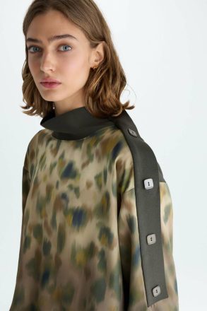 Purificacion Garci Women Shirts Khaki Green/Brown/Beige Print Twill Stretch Knit Oversize Blouse - Image 2