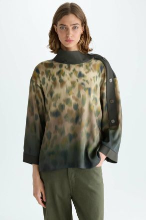 Purificacion Garci Women Shirts Khaki Green/Brown/Beige Print Twill Stretch Knit Oversize Blouse