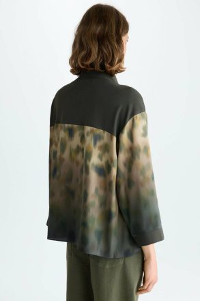 Purificacion Garci Women Shirts Khaki Green/Brown/Beige Print Twill Stretch Knit Oversize Blouse - Image 3