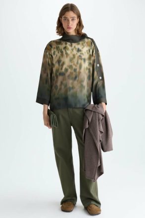 Purificacion Garci Women Shirts Khaki Green/Brown/Beige Print Twill Stretch Knit Oversize Blouse - Image 4
