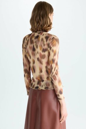 Purificacion Garci Women T-Shirts And Tops Brown/Beige Print Stretch-Tulle Fitted T-Shirt - Image 3