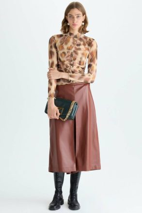 Purificacion Garci Women T-Shirts And Tops Brown/Beige Print Stretch-Tulle Fitted T-Shirt - Image 4