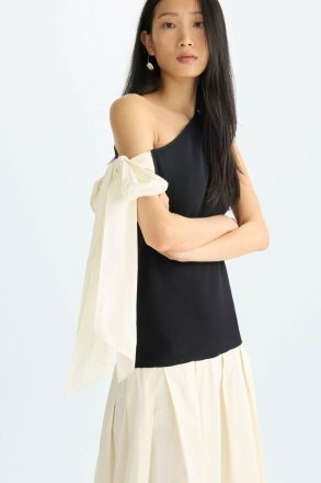 Stretch Knit Taffeta Asymmetric Midi Dress Women Black/Ivory Evening Purificacion Garci - Image 2
