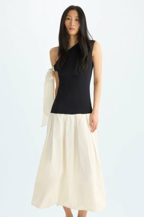 Stretch Knit Taffeta Asymmetric Midi Dress Women Black/Ivory Evening Purificacion Garci