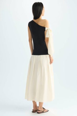 Stretch Knit Taffeta Asymmetric Midi Dress Women Black/Ivory Evening Purificacion Garci - Image 3