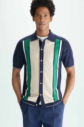 Striped Knit Shirt Knitwear Men Purificacion Garci Navy Blue/Stone/Green