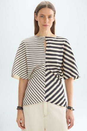 Striped Print Twill Knit Fitted T-Shirt T-Shirts And Tops Women Purificacion Garci Ecru/Black