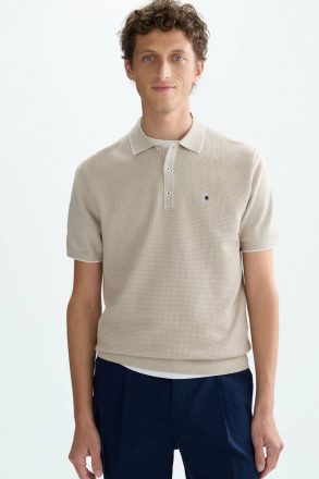 Textured Knit Polo Shirt Stone Polo Shirts Purificacion Garci Men