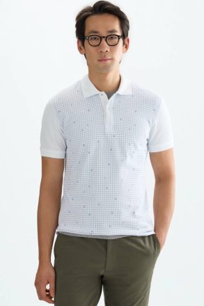 White/Blue Word Search Print Piqué Polo Shirt Men Purificacion Garci Polo Shirts