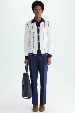 White/Navy Purificacion Garci Men Striped Pima Cotton Knit Overshirt Knitwear - Image 4