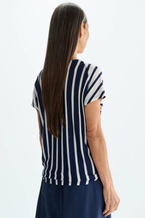 White/Navy Women Striped Print Straight-Fit Asymmetric T-Shirt Purificacion Garci T-Shirts And Tops - Image 3