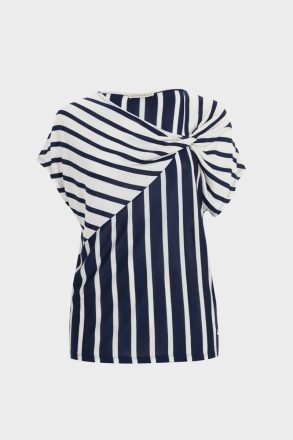 White/Navy Women Striped Print Straight-Fit Asymmetric T-Shirt Purificacion Garci T-Shirts And Tops - Image 5