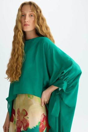 Women Chiffon Asymmetric Cape With Ribbons Green Shirts Purificacion Garci