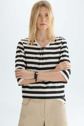 Women Ecru/Black T-Shirts And Tops Purificacion Garci Cubes Striped Cotton A-Line T-Shirt