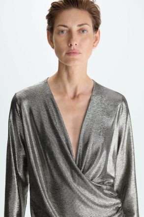 Women Evening Gold/Black Draped Metallic Wrap Fitted Top Purificacion Garci - Image 2