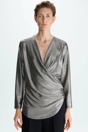 Women Evening Gold/Black Draped Metallic Wrap Fitted Top Purificacion Garci