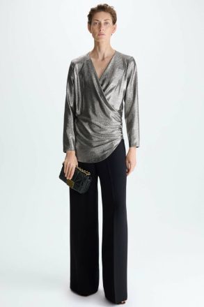 Women Evening Gold/Black Draped Metallic Wrap Fitted Top Purificacion Garci - Image 4