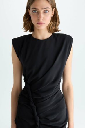 Women Evening Purificacion Garci Black Shoulder-Padded Draped Crepe Fitted Top - Image 2