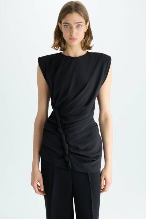 Women Evening Purificacion Garci Black Shoulder-Padded Draped Crepe Fitted Top