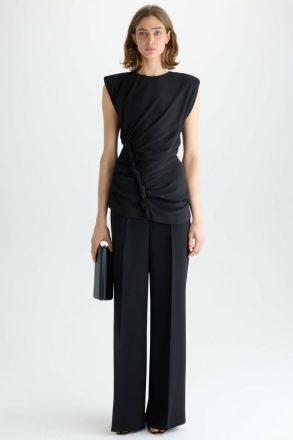 Women Evening Purificacion Garci Black Shoulder-Padded Draped Crepe Fitted Top - Image 4