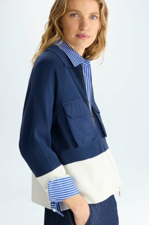 Women Purificacion Garci Jackets Navy/Ecru Technical Pockets Stretch Knit A-Line Jacket - Image 2