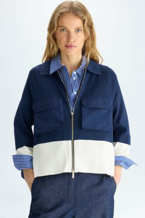 Women Purificacion Garci Jackets Navy/Ecru Technical Pockets Stretch Knit A-Line Jacket