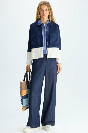 Women Purificacion Garci Jackets Navy/Ecru Technical Pockets Stretch Knit A-Line Jacket - Image 4