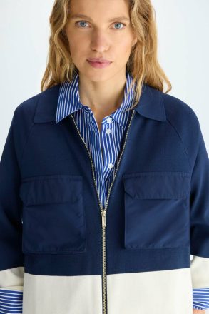 Women Purificacion Garci Jackets Navy/Ecru Technical Pockets Stretch Knit A-Line Jacket - Image 5
