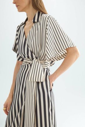 Women Striped Twill Wrap Culotte Jumpsuit Ecru/Black Dresses Purificacion Garci - Image 2