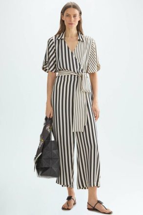 Women Striped Twill Wrap Culotte Jumpsuit Ecru/Black Dresses Purificacion Garci