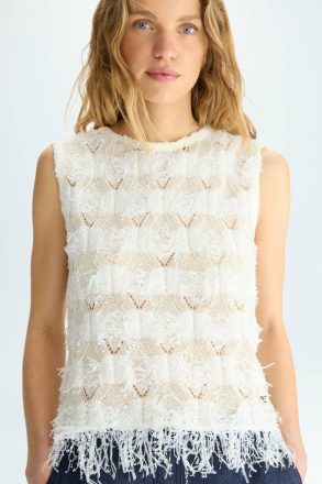 Women T-Shirts And Tops Ecru Purificacion Garci Fringed Pointelle Knit Paper Thread Straight-Fit Top - Image 2